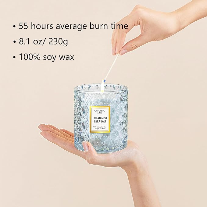 Chloefu LAN Ocean Candles Sea and Salt Candle with up to 55 Hour Long Lasting, Highly Scented, Luxury Air Freshening Jar Candles - Perfect Home Decor, Natural Soy Wax, Beach Candle, 8.1oz