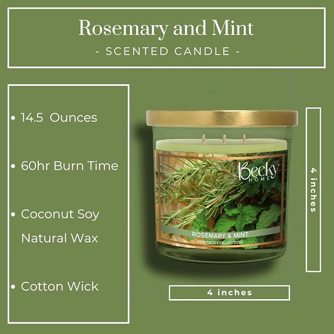 3 Wick Candle, 14.5oz Rosemary Mint Candle, 3 Wick Candles, Big Candle, Three Wick Candles, Candles 3 Wick
