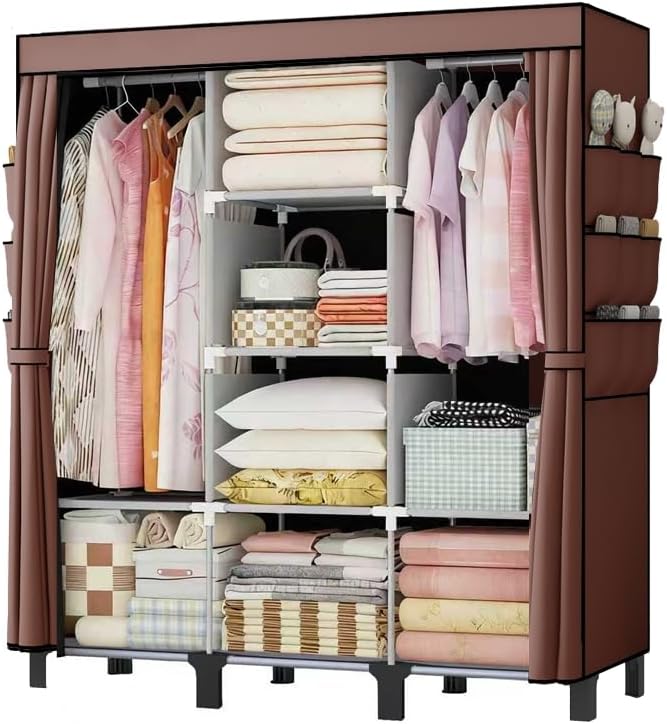Portable Wardrobe, Easy Hanging Closet 6 Side Pockets Large Capacity Clothes Organizer Comes with 2 Hanging Poles and Storage Shelves, Width 130cm, Depth 45cm, Height 172cm (Coffee)