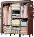 Portable Wardrobe, Easy Hanging Closet 6 Side Pockets Large Capacity Clothes Organizer Comes with 2 Hanging Poles and Storage Shelves, Width 130cm, Depth 45cm, Height 172cm (Coffee)