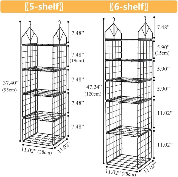 Hanging Closet Organizer, Carbon Steel 6-Shelf Closet Hanging Storage, Collapsible Hanging Closet Shelves, Versatile Storage for Clothes, Handbags (Black)