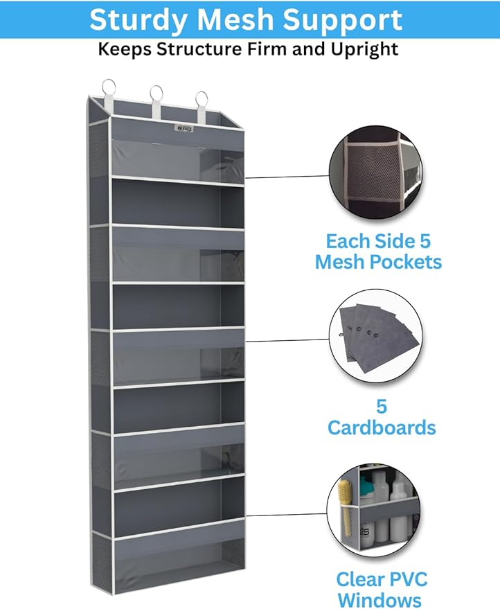 Over the Door Organizer with 5 Large Pockets & 10 Mesh Side Pockets – Durable Hanging Storage for Closet, Bathroom, Bedroom, and Nursery– Space Saving Door Storage with Sturdy Metal Hooks.