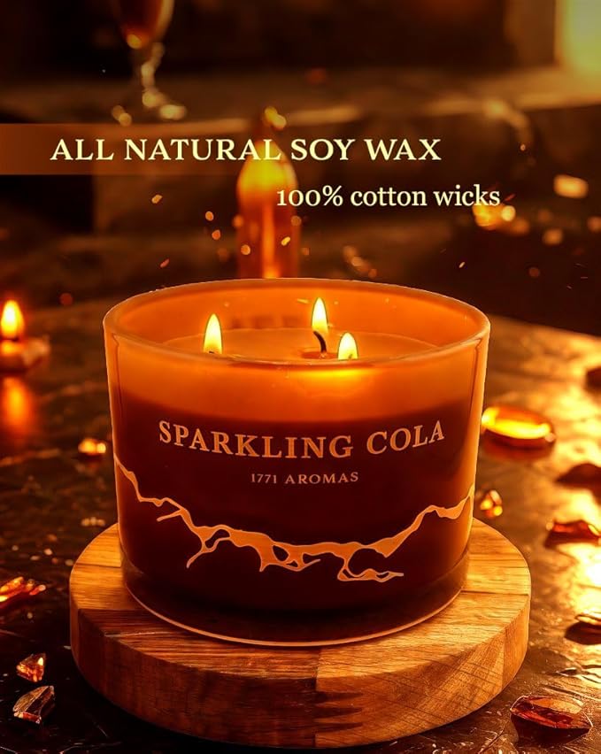 Sparkling Cola Scented Candles - 100% Natural Soy Wax - Large 3 Wick Jar Candle - Up to 50 Hours Burning Time - Candles for Home - Gift-Ready Candle for Men & Women - Aromatherapy