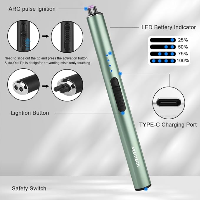 ARECTECH Electric Candle Rechargeable Lighter Arc Plasma Lighters for Candle Kitchen Camping Christmas Type-C Green