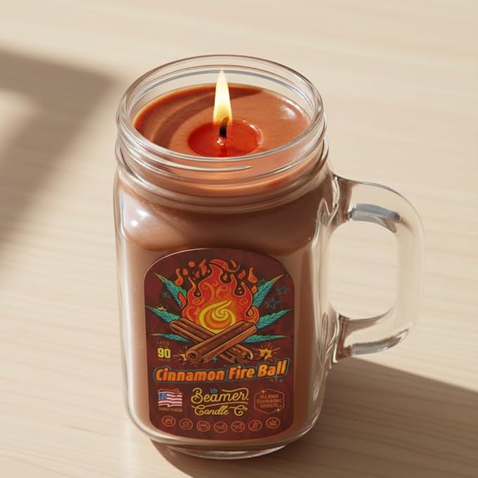 Cinnamon Fireball Candle – Odor Eliminating, Strong Scent – Bold Cinnamon Spice – Long Lasting 90 Hour Burn – Large 12oz Mason Jar – Made in USA – Beamer Candle Co.