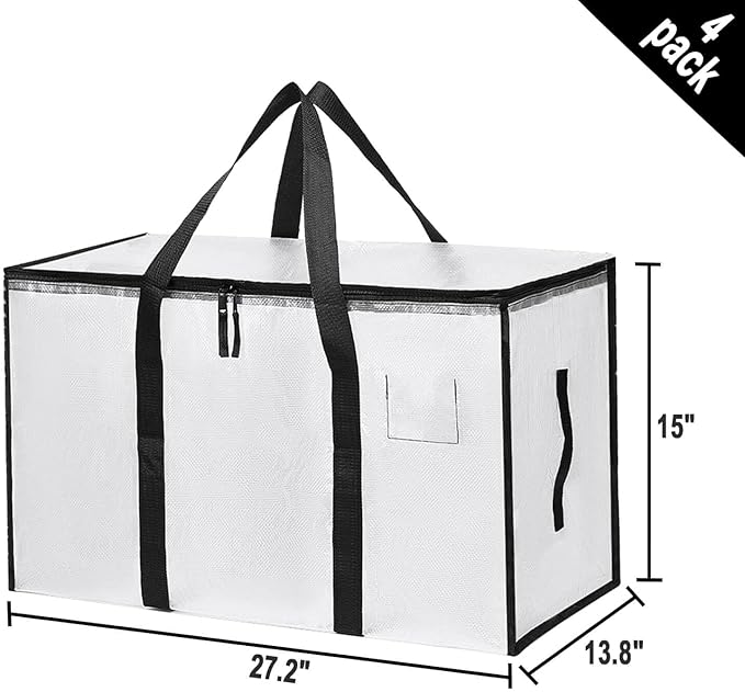 4 Pack Large Moving Bags with Zippers & Carrying Handles, Heavy Duty Storage Tote Moving Boxes ，Space Saving (Clear, 4 Pack)