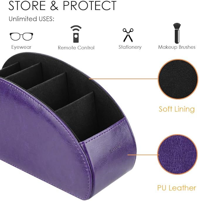 SITHON Remote Control Holder with 5 Compartments - PU Leather Remote Caddy Desktop Organizer Store TV, DVD, Blu-Ray, Media Player, Heater Controllers, Purple