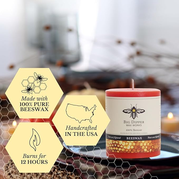 Big Dipper Wax Works Pumpkin Orange Beeswax Pillar Candle, 100% Pure Beeswax, Hand-Poured, 60-Hour Clean Burn, Non-Toxic & Eco-Friendly, Cozy Fall Home Décor & Thanksgiving Centerpiece, 3" x 3.5"