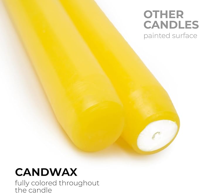 CANDWAX 10 inch Yellow Taper Candles Set of 12 - Unscented Smokeless Dripless Yellow Candles - Perfect for Home Décor, Special Occasions and Ordinary Dinners - Easter Candlesticks