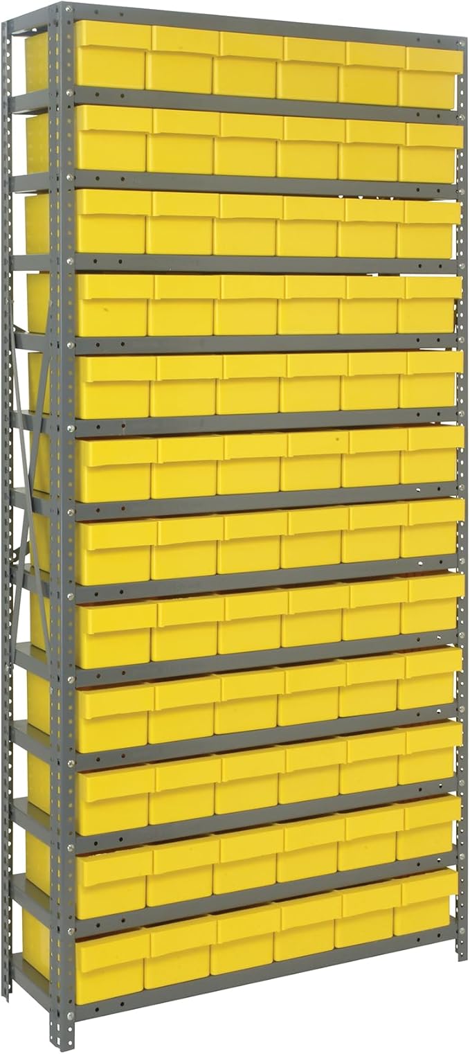 Quantum Storage Systems 1275-601YL Solid Heavy Duty 13 Shelves 72 Super Tuff Euro Yellow Bins 75" H x 36" W x 12" D