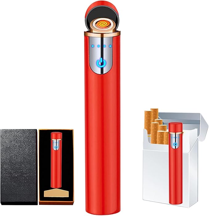 Electronic Lighter, Cool Electric New Upgrade USB Rechargeable Lighter Touch Ignition Windproof Flameless Lightweight Plasma with Power Indicator for Cigarette,Paper (Red)