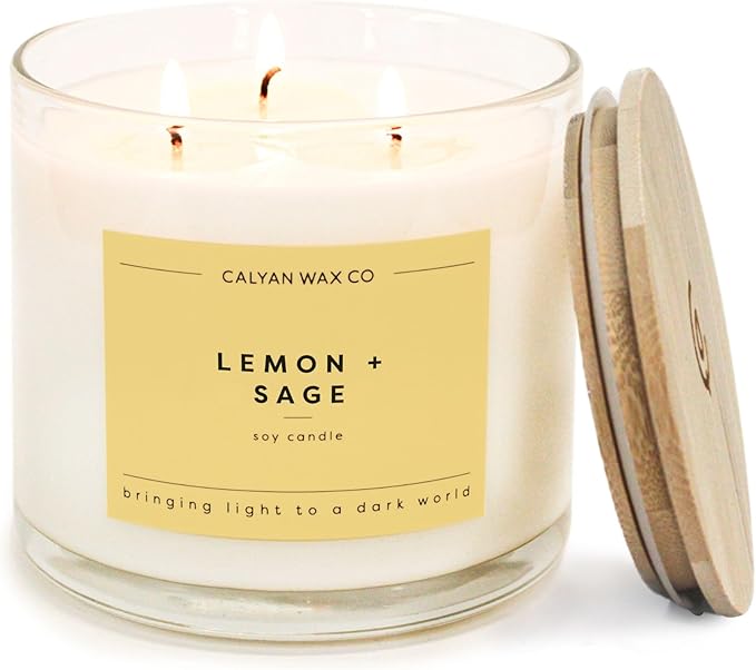 Calyan Wax Co. Lemon & Sage 3 Wick Scented Candle - 43 Hour Burn - Luxury 3 Wick Soy Candles - Non Toxic Soy Wax Candles - Long Lasting Large Glass Jar Candle for Home - 14.9oz
