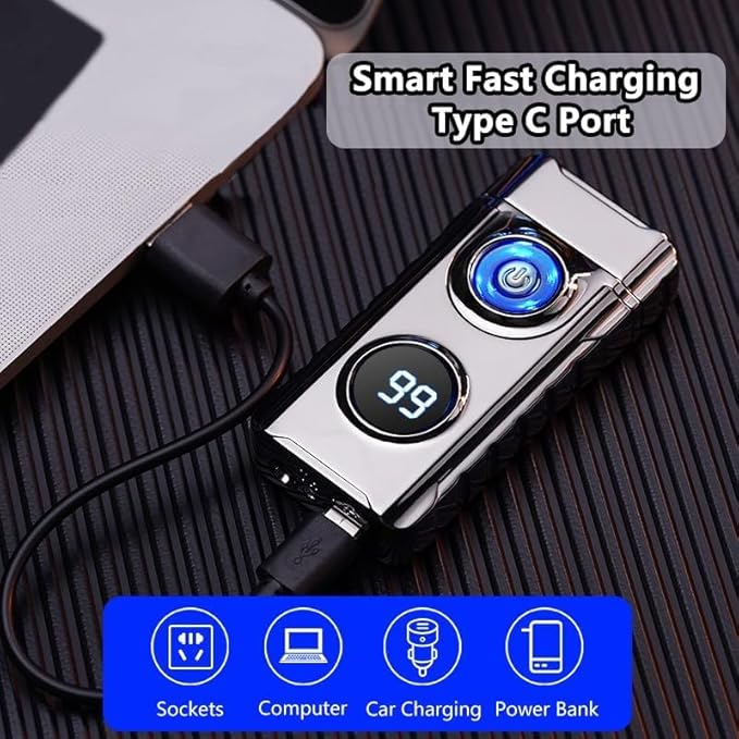 Electric Lighters Plasma Lighters Rechargeable with with LED LED Display and LED Emergency Lights Windproof USB Rechargeable Lighter Cool Lighte for Candle,Camping,Gift(Black)