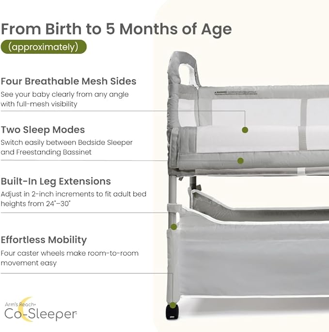 Arm’s Reach Clear-Vue Co-Sleeper Bedside Bassinet Featuring Clear Mesh Panels with Fold-Down Side, Large Attached Storage Basket, 4 Wheels, and Height-Adjustable Legs, Gray