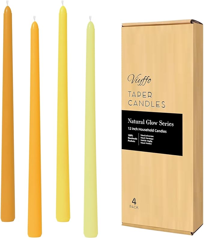 Viyffo Taper Candles, 12 Inch, 4 Pack, Yellow – Unscented, Smokeless Design, Up to 8-Hour Burn – Tall Candlesticks for Table Decor, Weddings & Dinners