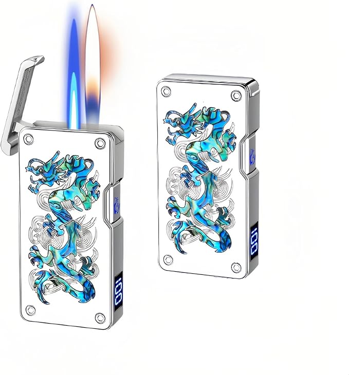 Smart Butane Lighter with 5 Ignition Methods, Voice-Activated Dual Flame Lighter with Windproof Blue Torch and Soft Flame Options, Rechargeable and Refillable Lighters (Without Fuel) (Gray)