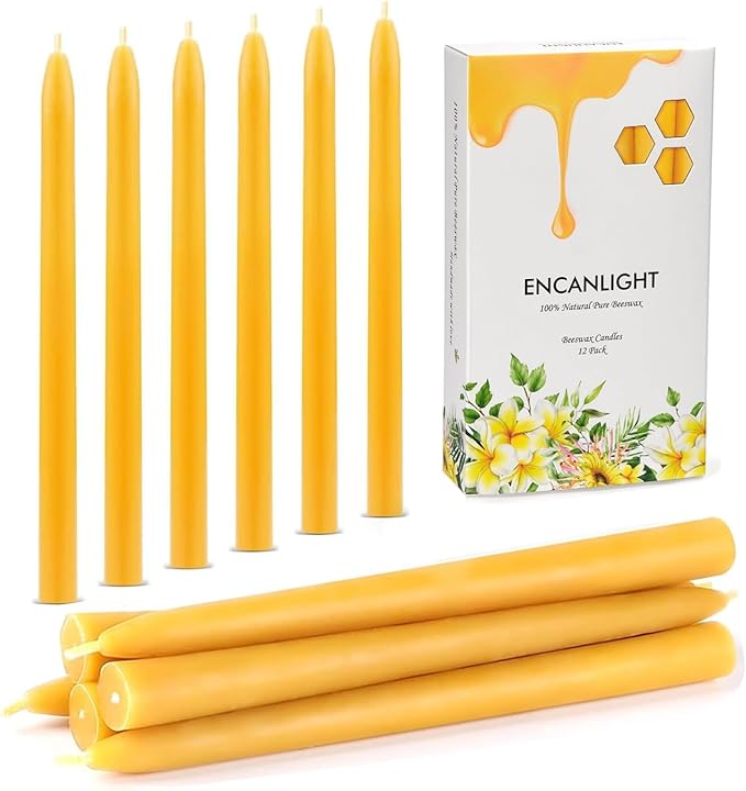 10 inch Pure Bee Waxs Candlestick Tapers 12 Pack,9 Hours Long Burning Beewaxs Taper Candles,Unscented Dripless and Smokeless,for Home Decor, Party, Wedding