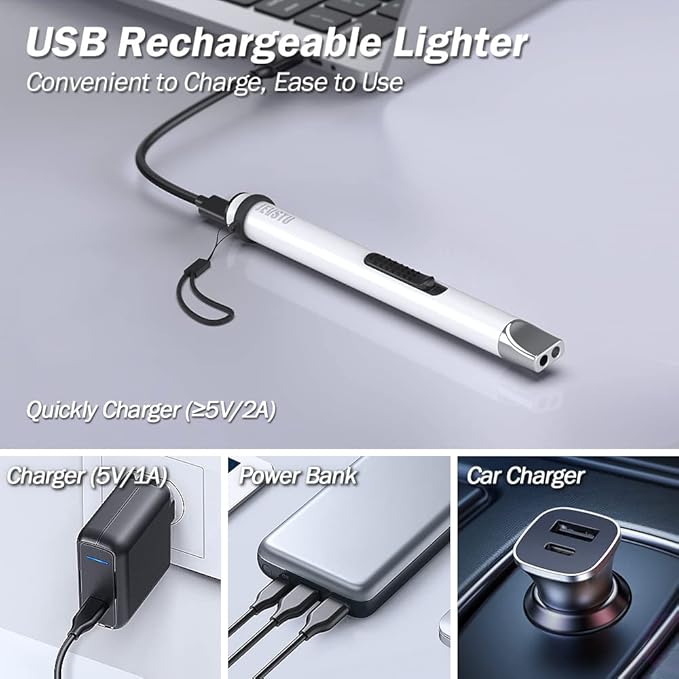 Electric USB Rechargeable Arc Plasma Electronic Windproof Flameless Long Lighter with Safety Switch Hook - White & Silver
