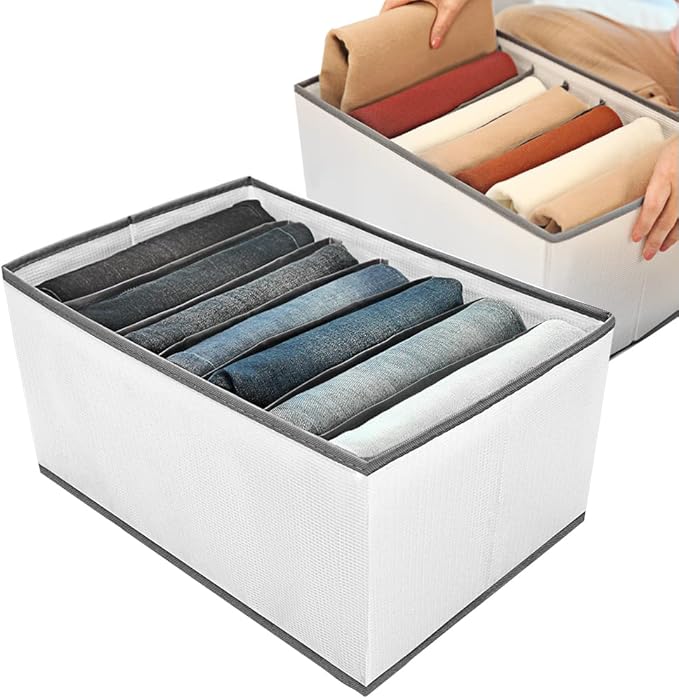 EASEVE 2 Pack Wardrobe Closet Organizer and Storage for Clothes - 7 Grids Foldable Drawer Dividers Organizers for Jeans | Pants | Shirts | Leggings, Stackable Clothing Bins for Closets Organization