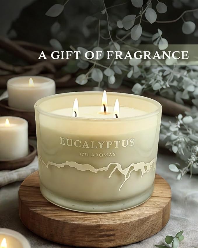Eucalyptus Scented Candles - 100% Natural Soy Wax - Large 3 Wick Jar Candle - Up to 50 Hours Burning Time - Candles for Home - Gift-Ready Candle for Men & Women - Aromatherapy Candles