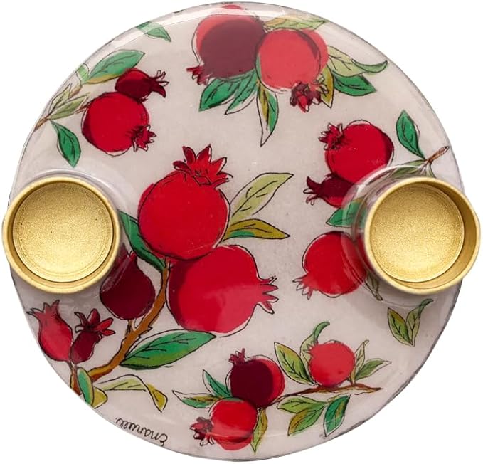 Yair Emanuel Flat Plate Candle Holders for Shabbat 4 Inch Vibrant Pattern Design Modern Judaica Gift (CSE-1 Pomegranates)