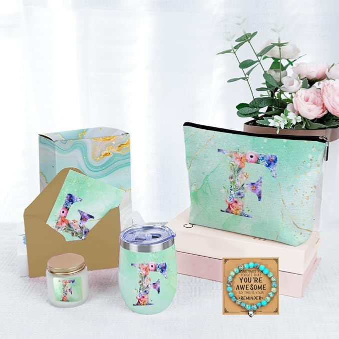 Personalized Gifts Monogrammed Birthday Gifts for Women, Aunt Grandma Retirement Christmas Initial Wine Tumbler Makeup Bag Scented Candle Bracelet Set, (Aesthetic Green Flower F)