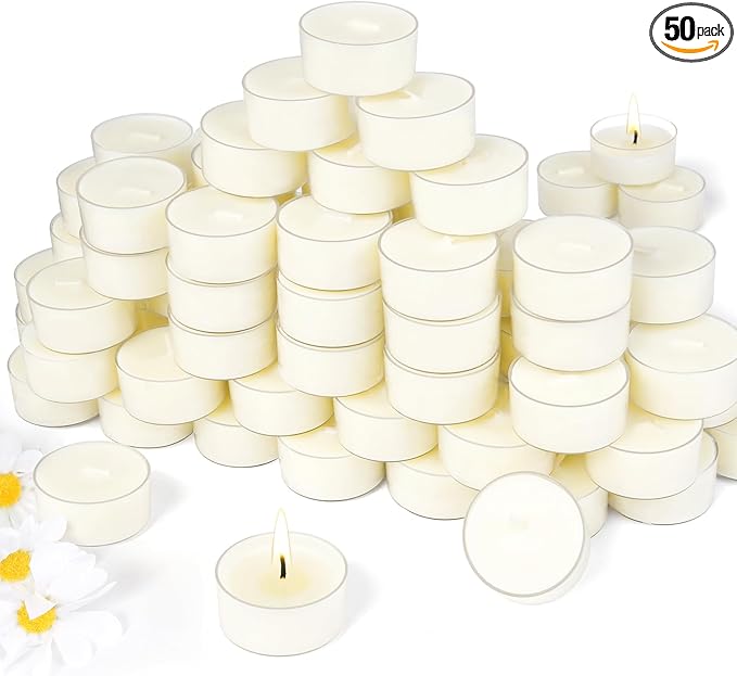 Soy Tealight Candles 50 Pack, 6 Hours Long Burning Tealights Candles Bulk, Natural Soy Wax Tea Light Candle Paraffin-Free, Unscented Small Tea Candle for Emergency,Dinner