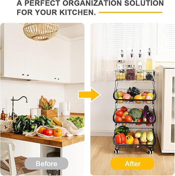 Miyawell Fruit Vegetable Storage Basket, 4 Tier Stackable Metal Wire Storage Baskets with Wheels, Fruit Vegetable Produce Basket Organizer Bins for Kitchen, Pantry, Bathroom