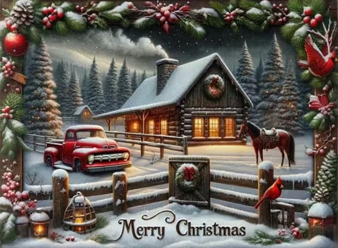 VIGEGU Christmas Diamond Art Kits for Adult,Winter Snow Scene Diamond Painting for Beginnger, Truck 5D DIY Full Drill Rhinestone Diamond Dots Gem Painting Home Wall Decor 16x12 in