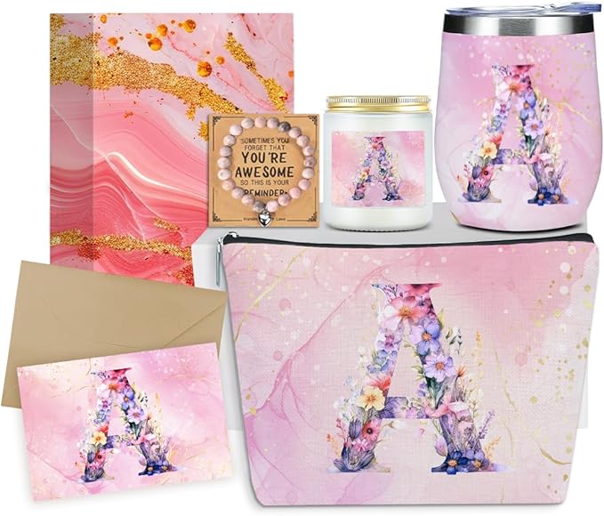 Personalized Gifts Monogrammed Birthday Gifts for Women, Bridesmaid Bachelorette Party Wedding Christmas Initial Wine Tumbler Makeup Bag Scented Candle Bracelet Set, (Aesthetic Pink Flower A)