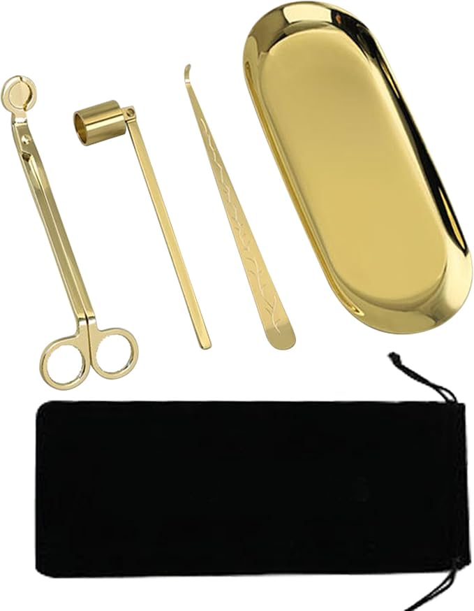 MrMrKura 4 in 1 Candle Accessory Set, Candle Snuffer, Candle Wick Cutter, Candle Dipper, Storage Tray Plate, Candle Care Kit with Velvet Pouch for Candle Lover (Gold)