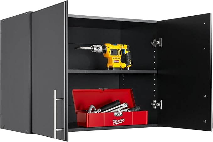 Prepac Elite 32” 2-Door Storage Cabinet, Wall Mounted Laundry, Kitchen & Garage Storage Cabinet with Adjustable Shelf, 32”W x 24”H x 16”D, Black