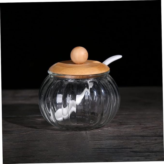1set Glass Pumpkin Sugar Dispenser with Spoon Stylish Kitchen Storage Jar for Sugar Seasonings and Candy Easy to Clean Kitchen Essential