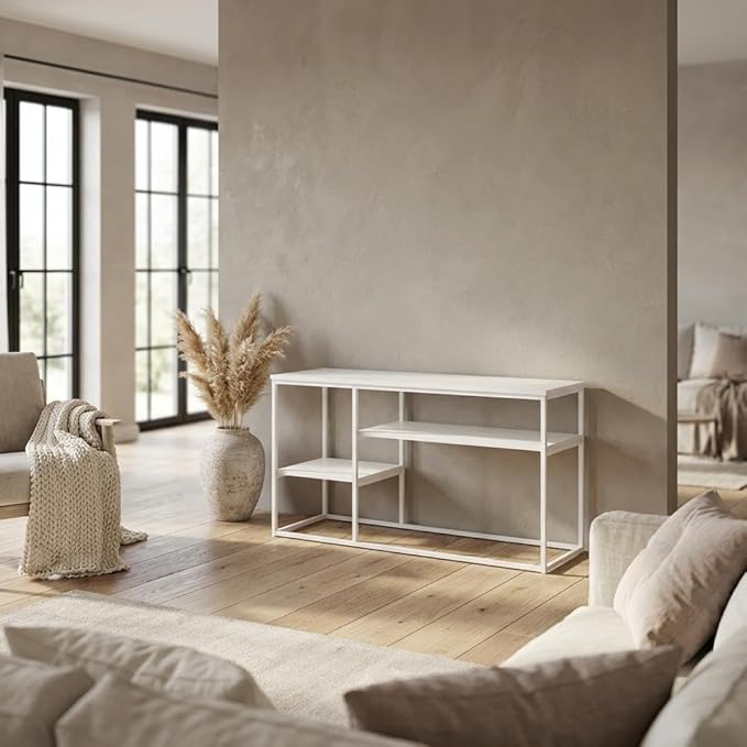 Furnifact White Modern Lifestyle TV Stand for 50 Inch TVs, Solid Rubberwood and Walnut Veneers, Durable Construction, Stylish Storage Solution