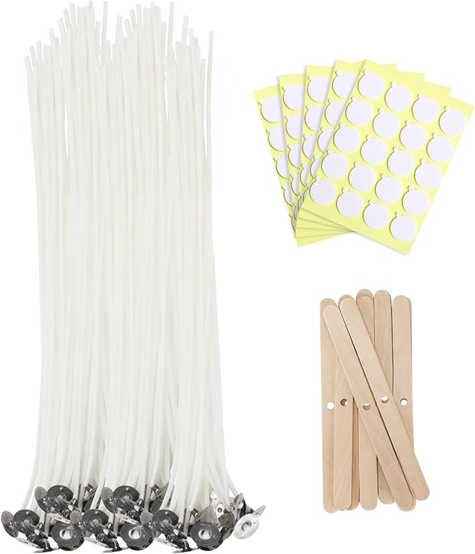 JEAWIWI Candle Wicks for Candle Making 12 in 100 Pcs with 100 Pcs Wick Stickers and 10 Pcs Candle Wick Holders, Cotton Wicks for Soy Wax, Beeswax, Coconut Wax