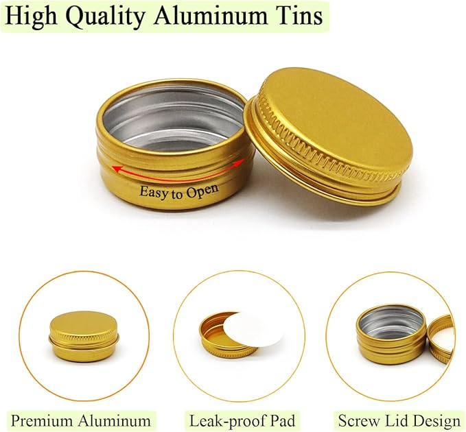 30 pack 5ml Lip Balm Tin Cans, 5g Mini Aluminum Makeup Sample Containers with Screw Lid, Empty Metal Tins Pot Storage Travel Jars for Cosmetic Cream Candle Tea, 5 Gram Small Tins, Gold Color