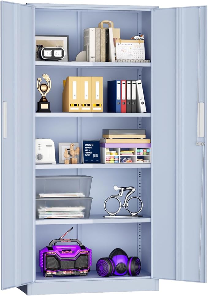 Superday Metal Storage Cabinets, 71" Storage Cabinet with Locking Door, Tall Garage Cabinet with 2 Doors and 4 Adjustable Shelves for Home Office, Classroom, Easy Assemble(Grey)