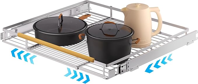 Expandable Pull Out Drawer Cabinet Organizer, Adjustable Width Bottom-Mounted Slide Out Storage Shelves for Cabinets, Required Cabinet Size (14.16"~24.36", D≥17.3"), 1 Pack, Stainless Steel