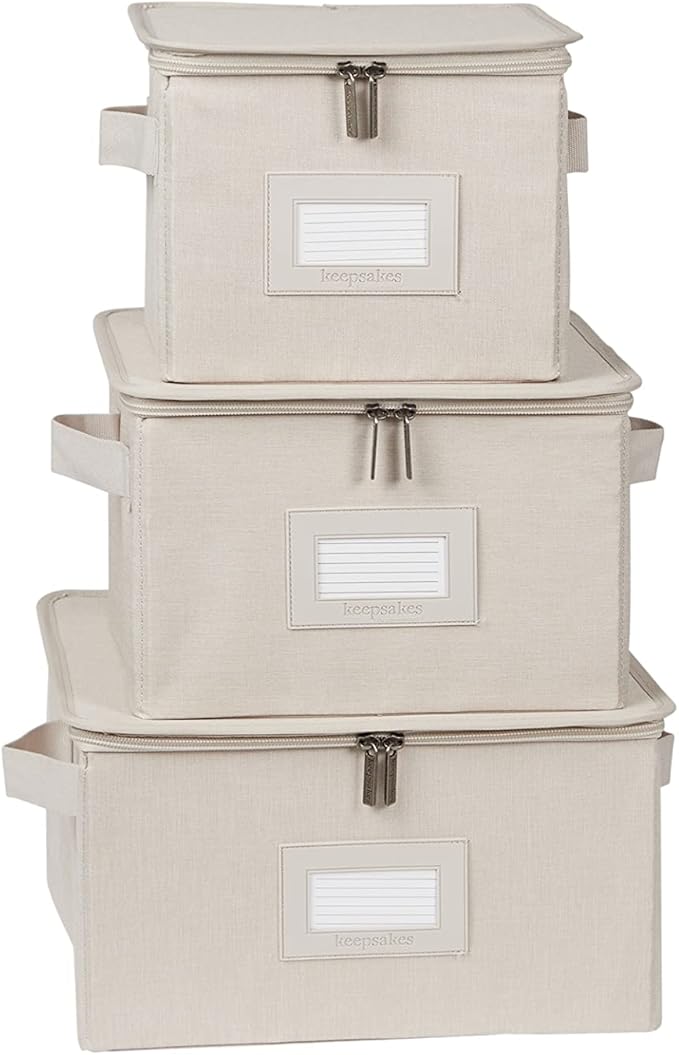 Covermates Dish Storage Box Set – China & Dinner Plate Storage Containers with Felt Dividers, Dual Zippers, Reinforced Handles, ID Window & Stackable Design, Beige Heather