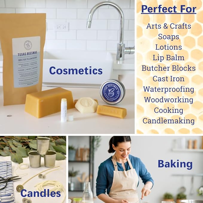 The Beeswax Co Pure Texas Beeswax Block - Ultra Clean - Naturally Filtered & Honey Scented - Premium Food Grade Yellow Beeswax for Candles, Butcher Blocks, Etc - Organic Bees Wax Bars - 1lb