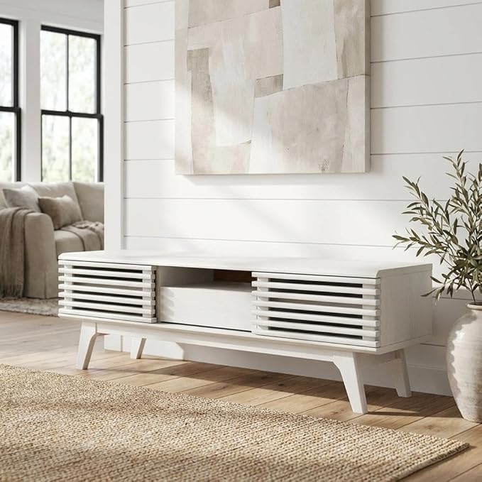 Furnifact White Wooden TV Stand with Spacious Surface, Modern Design, Durable Bicast Leather, Classic Style for Living Room or Entertainment Area