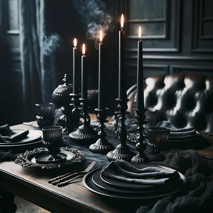 12-Inch Tall Dripless Taper Candles Set of 4 - Black Tapered Candles, Perfect for Halloween - Smokeless, Unscented, Long Burning - Hand Poured, Colored Tall Candlesticks - negras