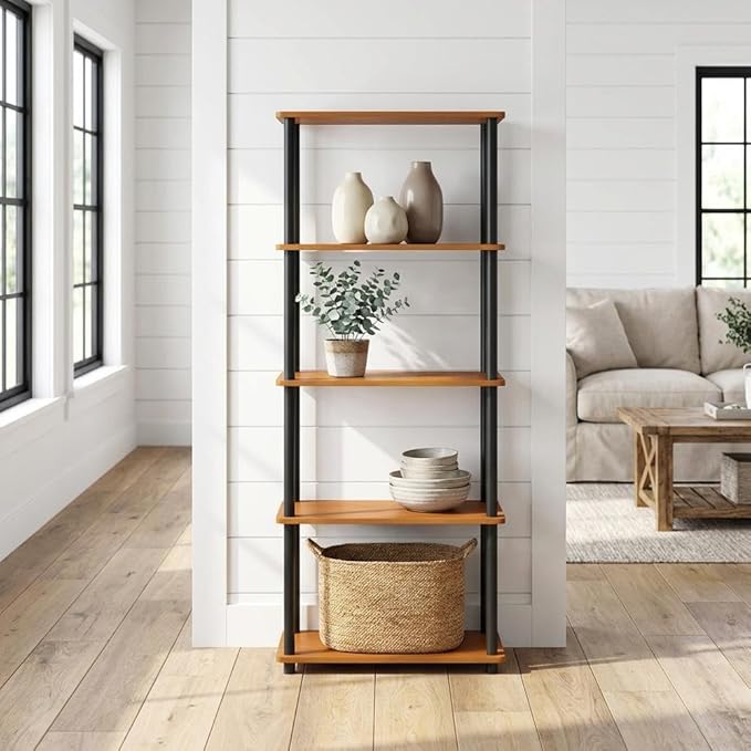 Furnifact Light Cherry Black Bookcase with Modern Design, Sturdy Wood Construction, Single Piece for Office, Living Room or Study Space