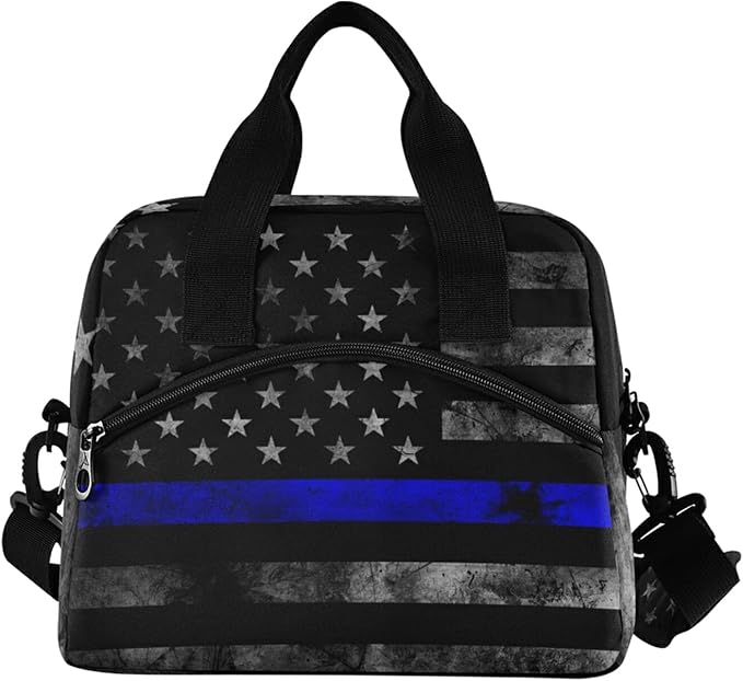 CBBYY Thin Blue Line American Flag Lunch Bags for Women Men, Reusable Insulated Lunch Box, Adjustable Shoulder Straps Tote Lunch Bag for Work Picnic School