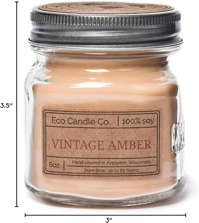 ECO CANDLE CO. Mason Jar Candle, Vintage Amber, 8 oz. - Scents of Wood Resin, Nutmeg, Cinnamon, & Vanilla - 100% Soy Wax, No Lead, Kraft Label & Antiqued Pewter Lid, Hand Poured, Midwest Soybeans