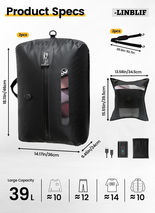 Travel Vacuum Bags with USB-C Pump, Compression Storage Bags for Clothing, Space Saving Packing Cubes Alternative for Carry-On Suitcase, Backpack & Luggage, Waterproof Reusable Travel Bags