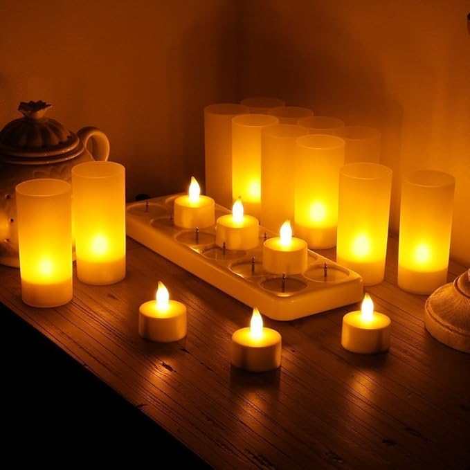 WoneNice Rechargeable Tea Lights Flickering Flameless Candles with Charging Base and AC Adapter, Romantic for Lantern Party Restaurants Weddings Christmas and Holiday Decoration