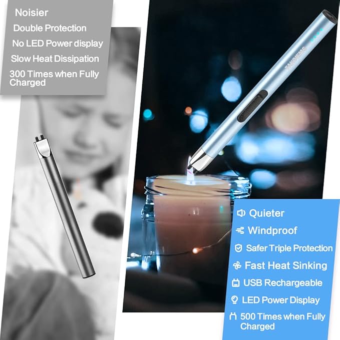 Candle Lighter, Electric USB Lighter with LED Display, Safety Switch, Rechargeable, Windproof, Blue