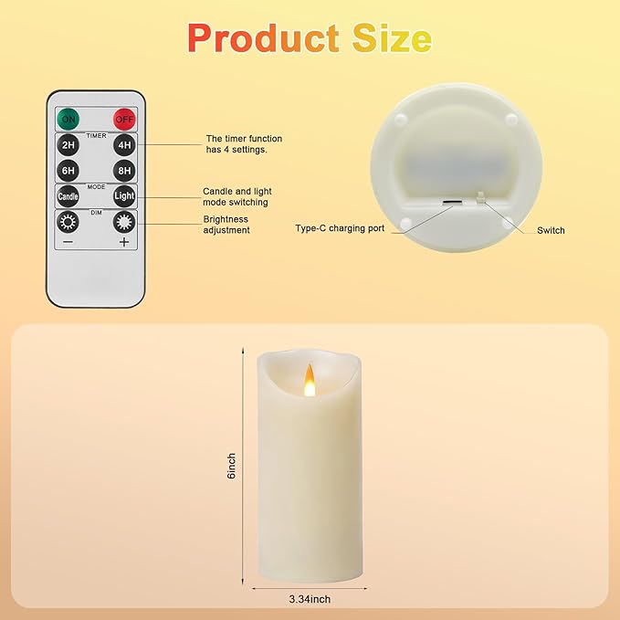 Autbye Rechargeable Flameless Candle, Realistic 3D Flickering Warm Flame, LED Candle with Remote Control & Timer for Holiday, Wedding, Patio and Home Decoration(Set of 1)