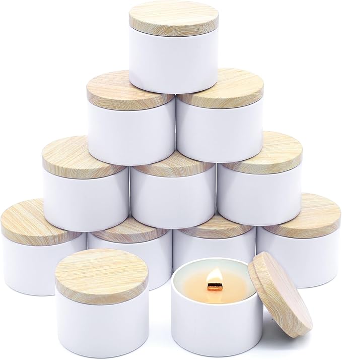 12-Pack Candle Jars, 4oz Candle Tins with Metal Wood-Grain Printing Lids, Empty Metal Candle Jars for Making Candles Bulk Candle Containers - White